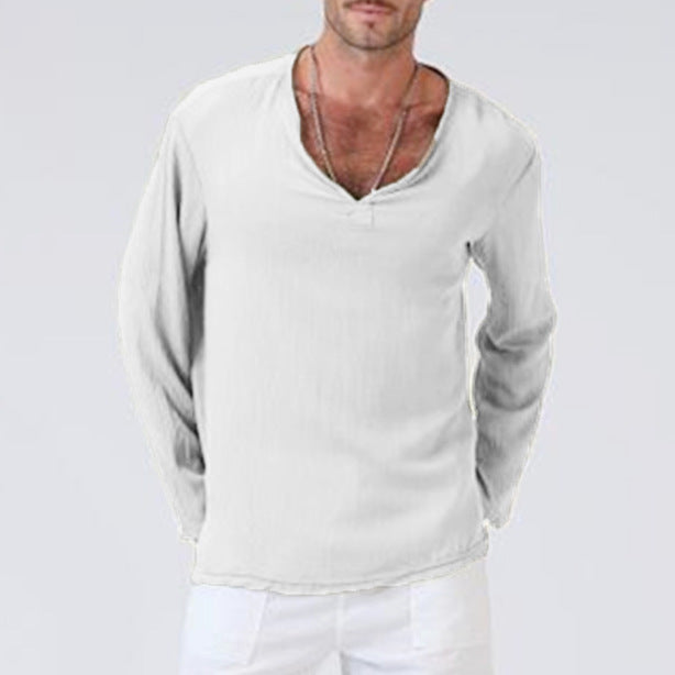  T-shirt a maniche lunghe maschili-miscela di lino di cotone-vestito di abbigliamento casual a V--1