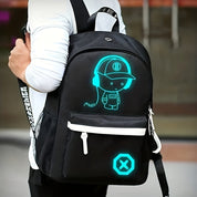 Zaino nero con design luminoso a LED, personaggio con cuffie e cappello. Ideale per scuola e viaggi. Tasche multiple, stile moderno e funzionale.