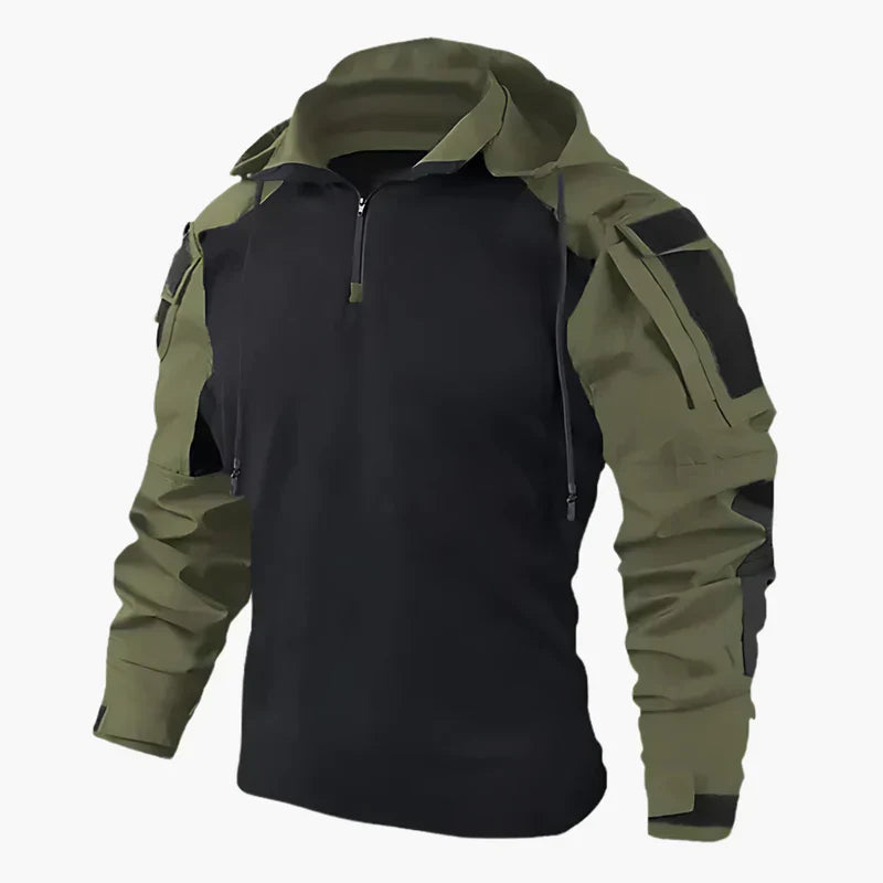 Giacca tattica uomo, verde e nera, con cappuccio e zip, design militare, maniche lunghe, ideale per outdoor e attività sportive.