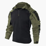 Giacca tattica uomo, verde e nera, con cappuccio e zip, design militare, maniche lunghe, ideale per outdoor e attività sportive.
