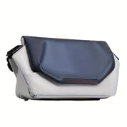 Borsa a tracolla moderna in tessuto grigio e blu, design elegante, ideale per uomo e donna, perfetta per lavoro e viaggio.