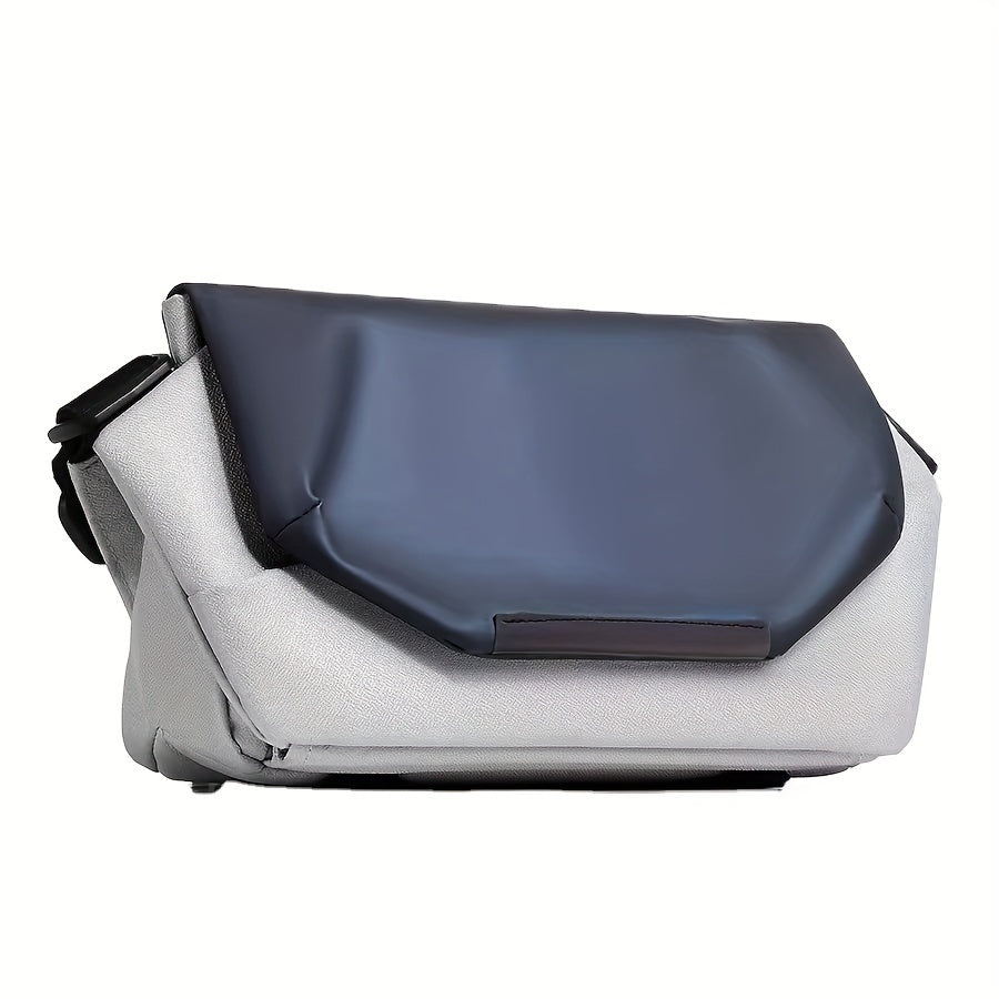 Borsa a tracolla moderna in tessuto grigio e blu, design elegante, ideale per uomo e donna, perfetta per lavoro e viaggio.