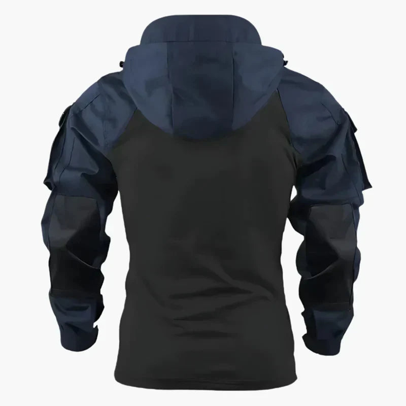 Giacca sportiva nera e blu con cappuccio, maniche lunghe, design moderno, ideale per attività all'aperto. Tessuto resistente e confortevole.