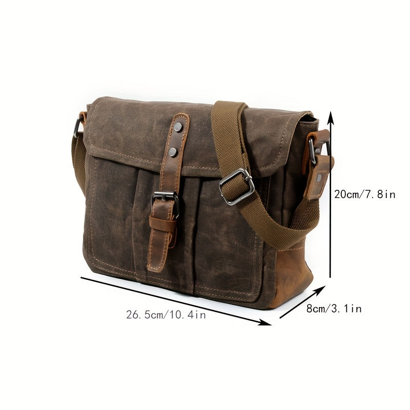 Borsa a tracolla in tela marrone, dimensioni 26,5x20x8 cm, con cinghia regolabile e chiusura a fibbia. Stile vintage, ideale per uomo e donna.