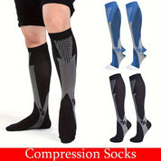 Calze a compressione nere e blu per uomo, design ergonomico, supporto circolazione, riduzione gonfiore, ideali per sport e viaggi.