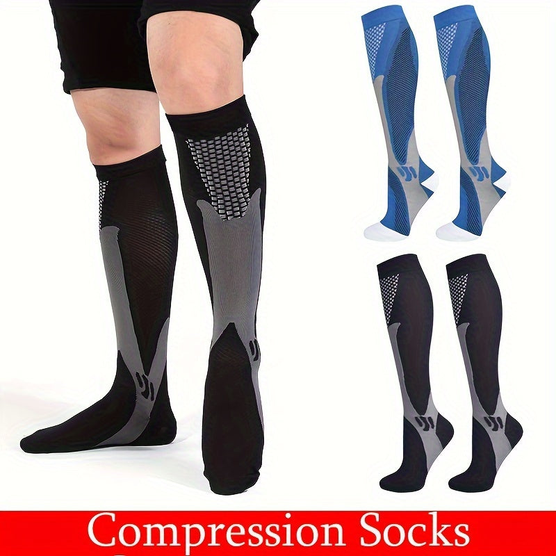 Calze a compressione nere e blu per uomo, design ergonomico, supporto circolazione, riduzione gonfiore, ideali per sport e viaggi.