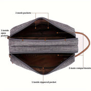 Borsa a tracolla grigia con due scomparti principali, tasca interna con zip, tre tasche aperte interne e due tasche a rete. Design elegante e funzionale.