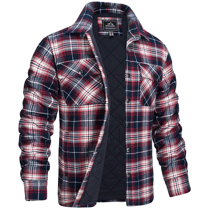 Camicia a quadri imbottita da uomo, blu e rossa, con tasche frontali, ideale per l'inverno. Stile casual, calda e confortevole.