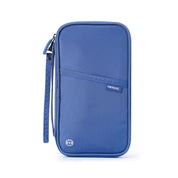 Custodia da viaggio blu per passaporto e documenti, con cerniera e tasca frontale. Accessorio organizzativo ideale per viaggiatori.