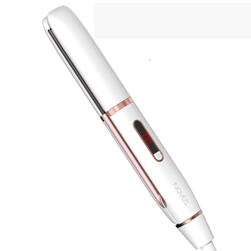 Piastra per capelli bianca e rosa con display digitale, temperatura regolabile, design elegante. Strumento styling capelli professionale.