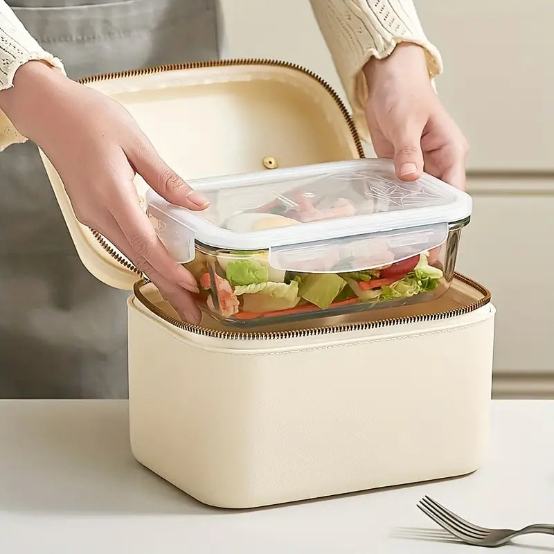 Contenitore per alimenti in vetro con coperchio ermetico, inserito in borsa termica beige. Ideale per pranzo al sacco, conservazione cibi freschi.