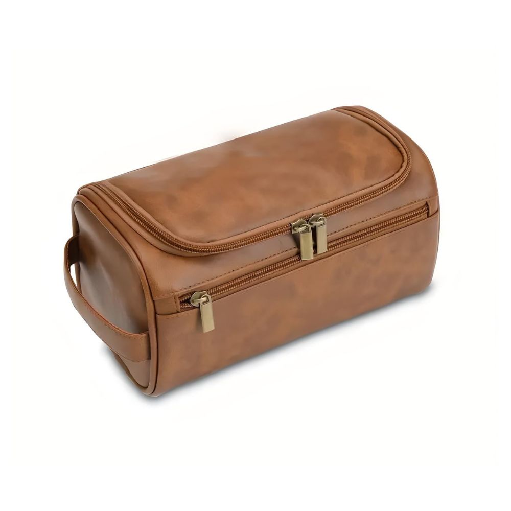 Borsello da viaggio in pelle marrone con doppia cerniera, design elegante e manico laterale. Ideale per organizzare articoli da toeletta.