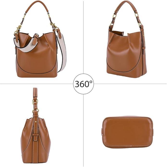 Borsa a secchiello in pelle marrone, vista a 360 gradi. Design elegante con tracolla regolabile e dettagli in metallo dorato. Accessorio moda donna.