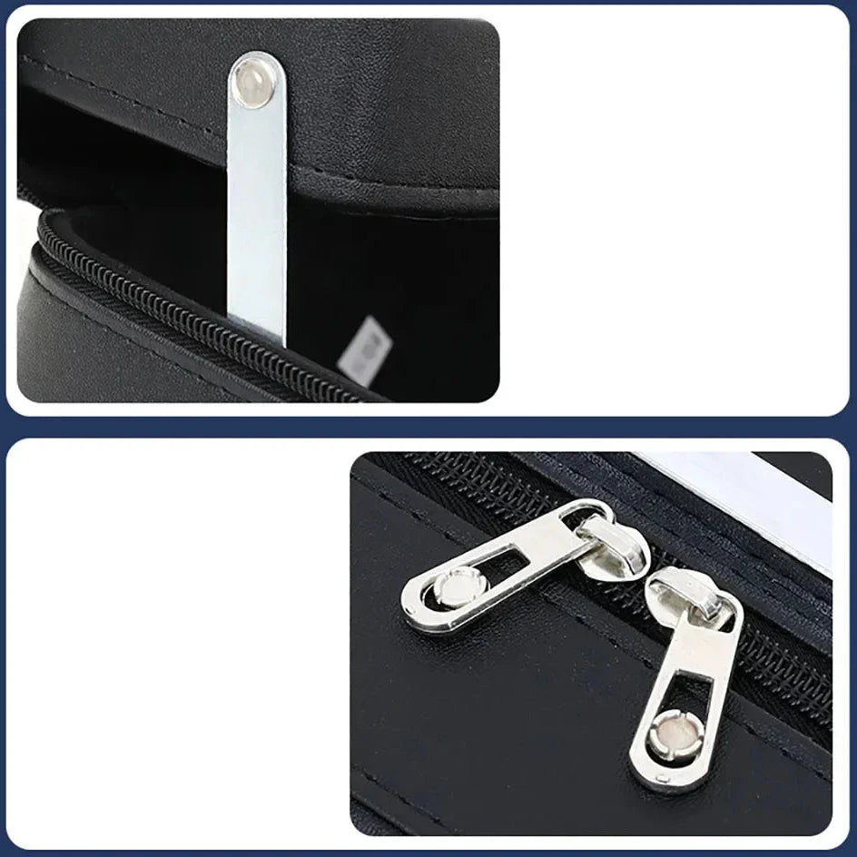 Custodia rigida nera con doppia cerniera in metallo, design elegante e resistente, ideale per protezione e trasporto sicuro di dispositivi elettronici.