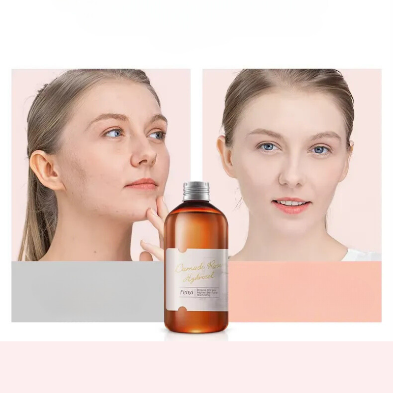 Bottiglia di tonico viso con etichetta, effetto prima e dopo su pelle femminile. Cura della pelle, idratazione, miglioramento carnagione.