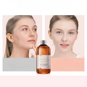 Bottiglia di tonico viso con etichetta, effetto prima e dopo su pelle femminile. Cura della pelle, idratazione, miglioramento carnagione.