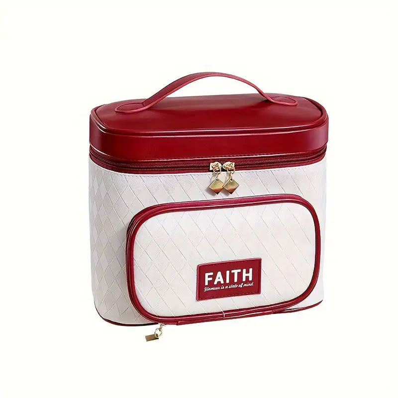 Borsa termica bianca e rossa con manico, cerniera dorata e tasca frontale con scritta "FAITH". Ideale per picnic e viaggi.