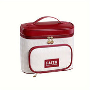 Borsa termica bianca e rossa con manico, cerniera dorata e tasca frontale con scritta "FAITH". Ideale per picnic e viaggi.