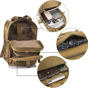 Zaino tattico militare marrone con scomparti multipli, tasche per accessori, spazio per laptop, ideale per escursioni, campeggio e viaggi.