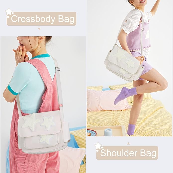 Borsa a tracolla bianca con stelle, indossata da modella in abbigliamento casual colorato. Design versatile per look quotidiani.