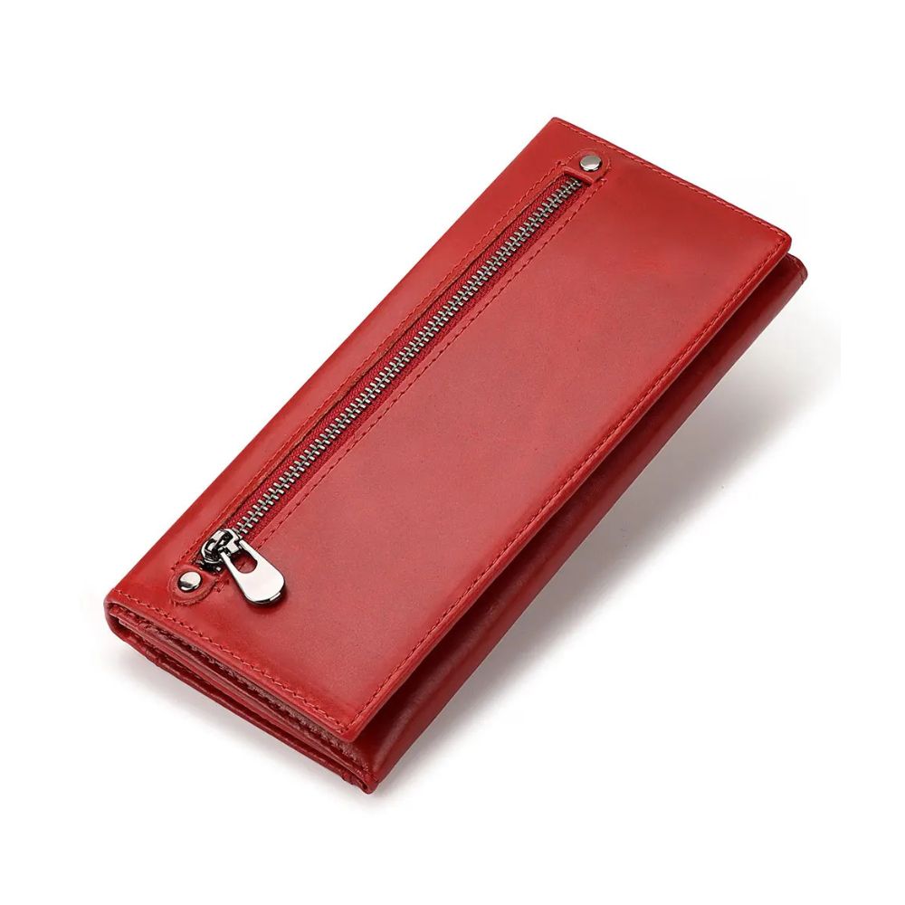 Portafoglio donna in pelle rossa con cerniera, design elegante e moderno, accessorio moda, ideale per organizzare carte e contanti.