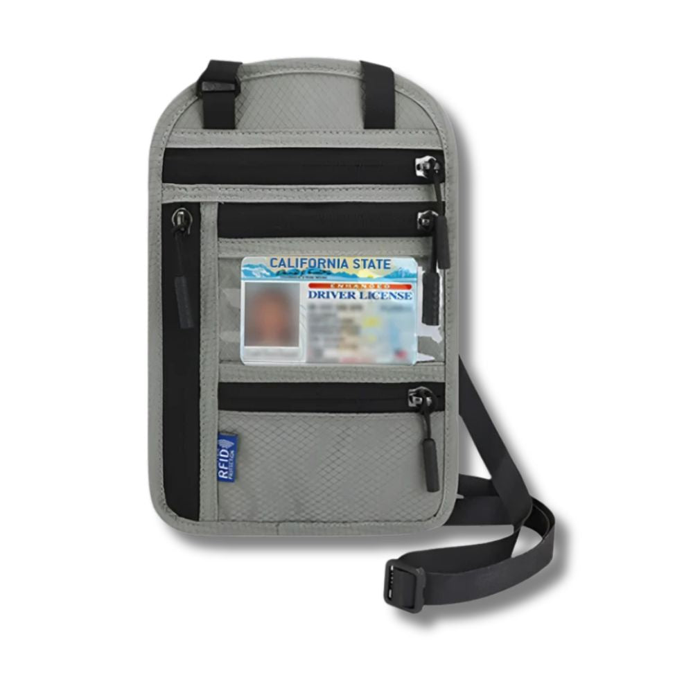 Custodia da viaggio grigia con tasche multiple, finestra trasparente per documenti, tracolla regolabile. Ideale per passaporto e carte di credito.