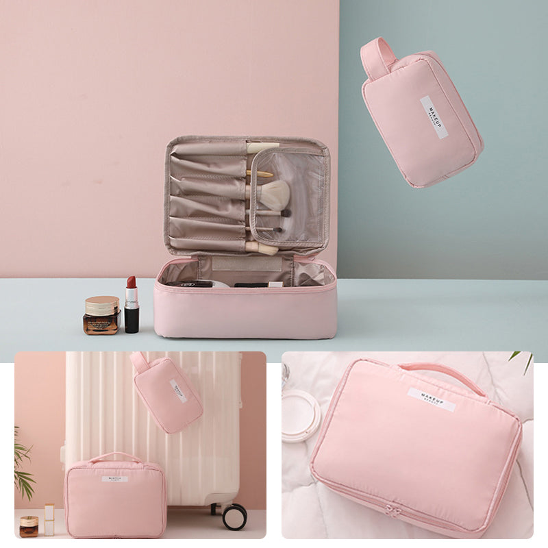 Borsa da viaggio rosa per cosmetici, organizer impermeabile con scomparti, ideale per trucco e accessori, design compatto e portatile.