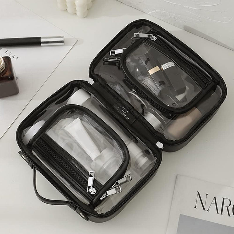 Borsa da toilette trasparente con cerniere nere, ideale per viaggi. Contiene flaconi e cosmetici. Organizzatore da viaggio impermeabile e compatto.