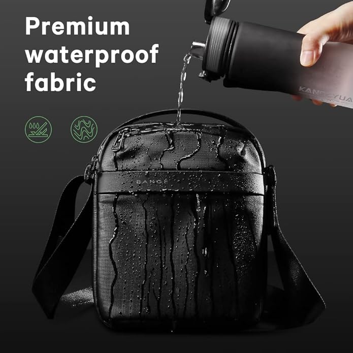 Borsa a tracolla impermeabile nera, tessuto premium, resistente all'acqua, design elegante, ideale per viaggi e uso quotidiano.