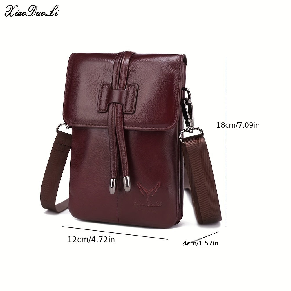 Borsa a tracolla in pelle marrone, compatta, con cinturino regolabile. Dimensioni: 18x12x4 cm. Design elegante, ideale per uomo e donna.