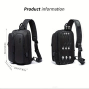 Zaino monospalla nero impermeabile, design moderno, dimensioni 32x20x11 cm, ideale per laptop, viaggio, lavoro, con tasche multiple e cinghia regolabile.