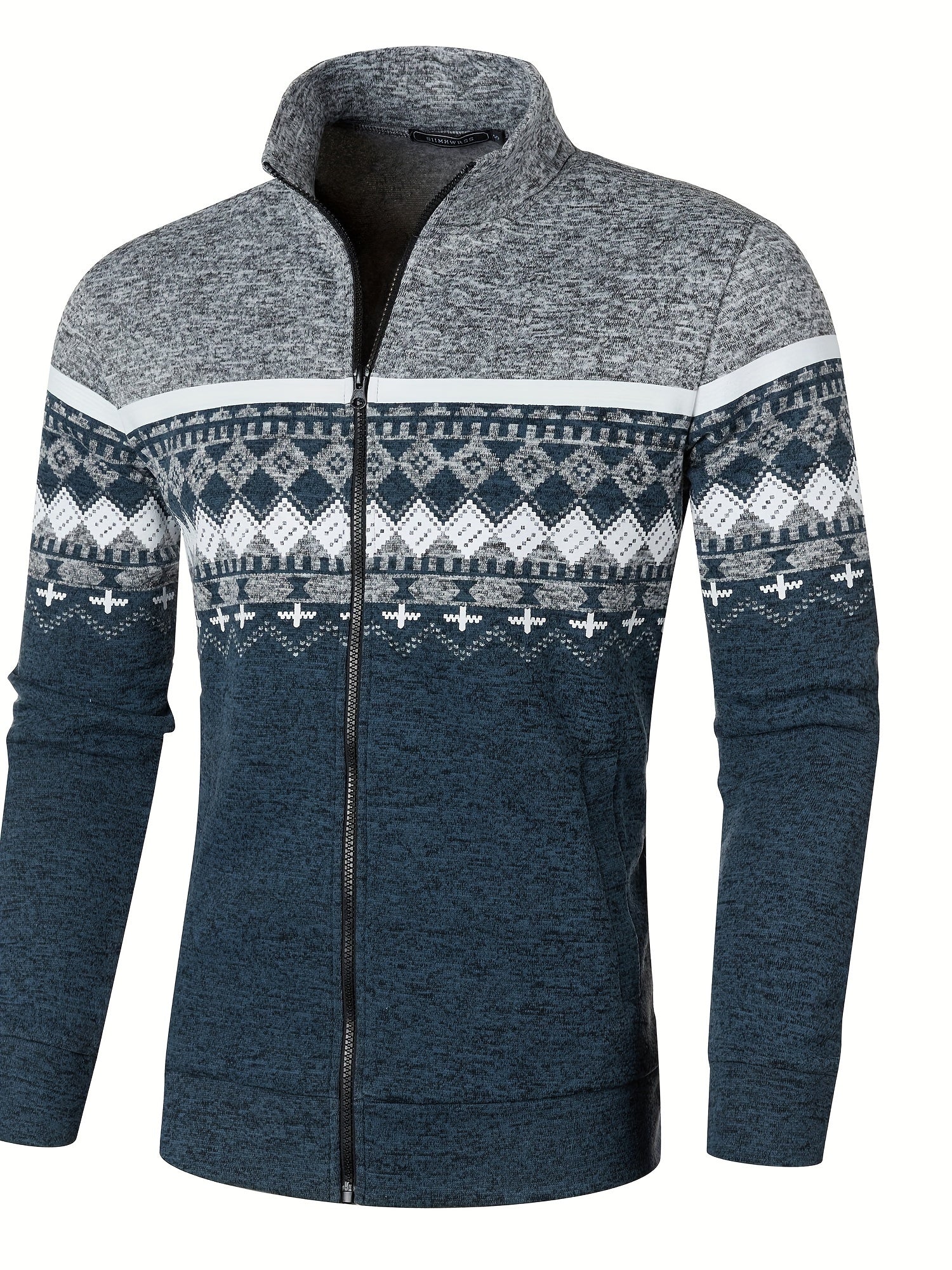Giacca invernale uomo, zip frontale, motivo nordico, blu e grigio, collo alto, maglia calda, stile casual, moda autunno inverno.