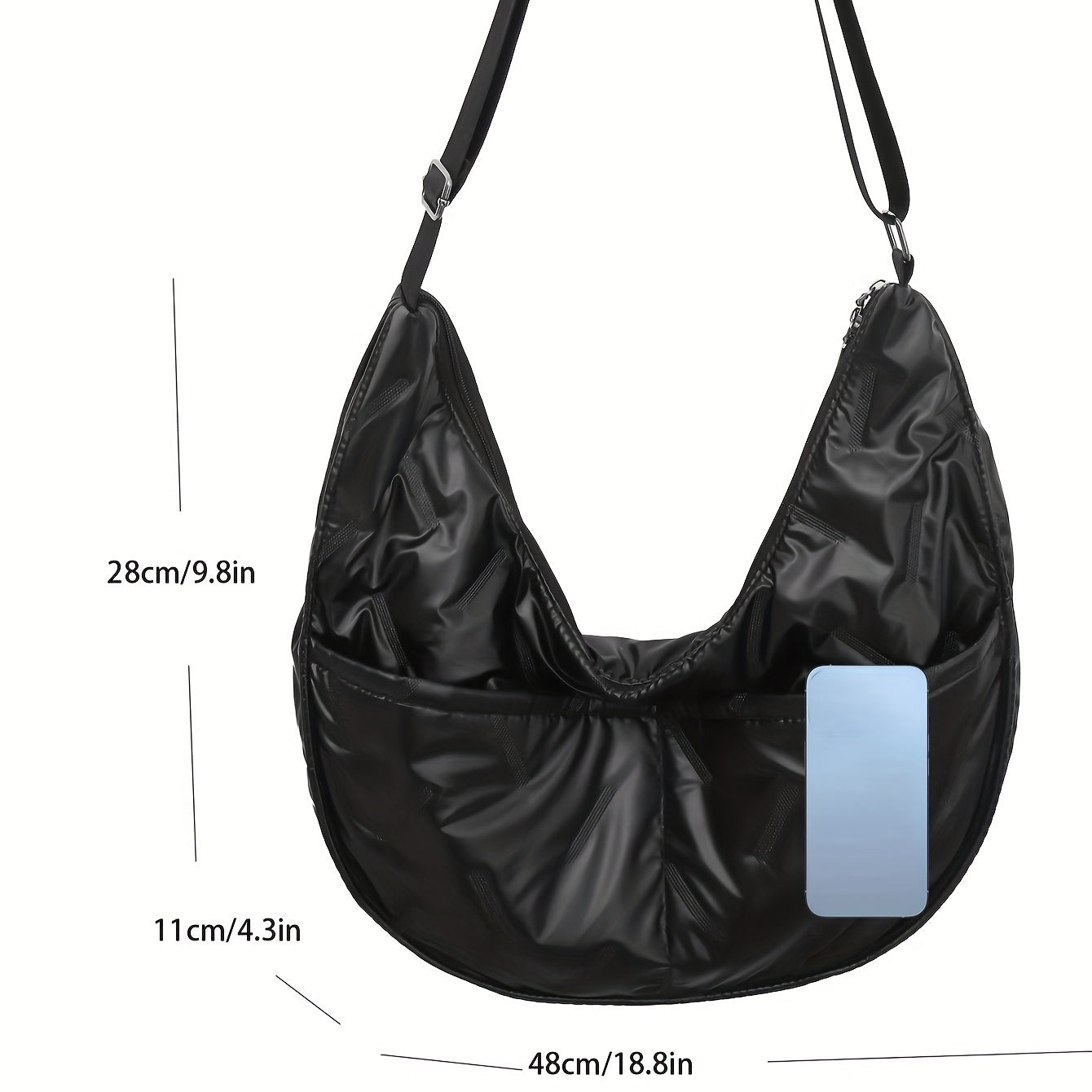 Borsa a tracolla nera in nylon impermeabile, dimensioni 48x28x11 cm, con tasca frontale e cerniera, ideale per uso quotidiano e viaggi.