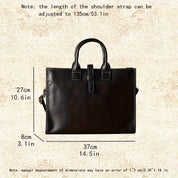 Borsa a mano in pelle nera, dimensioni 37x27x8 cm, con tracolla regolabile fino a 135 cm. Elegante e spaziosa, ideale per lavoro e viaggio.
