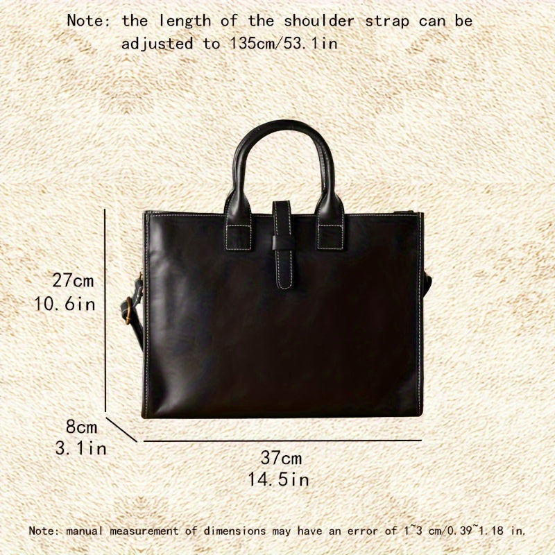 Borsa a mano in pelle nera, dimensioni 37x27x8 cm, con tracolla regolabile fino a 135 cm. Elegante e spaziosa, ideale per lavoro e viaggio.