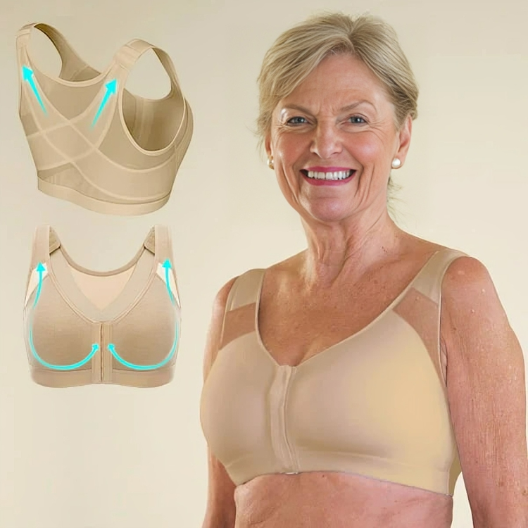 Reggiseno posturale beige per donna anziana, supporto schiena, chiusura frontale, comfort quotidiano, design ergonomico, miglioramento postura.