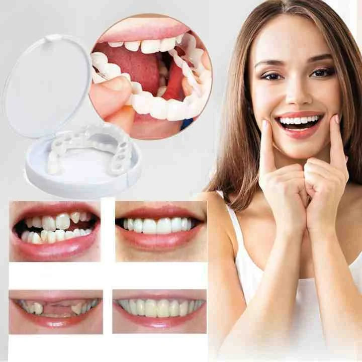 Dentiere estetiche rimovibili per sorriso perfetto, con custodia. Prima e dopo l'uso. Soluzione rapida per denti allineati e bianchi.