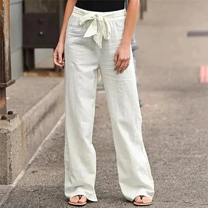  Pantaloni a gamba a larga donna - miscela di lino di cotone - vita alta - fronte pieghettata - cravatta in vita-2