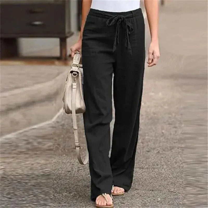  Pantaloni a gamba a larga donna - miscela di lino di cotone - vita alta - fronte pieghettata - cravatta in vita-3