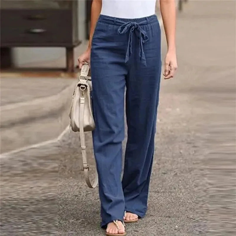  Pantaloni a gamba a larga donna - miscela di lino di cotone - vita alta - fronte pieghettata - cravatta in vita-4