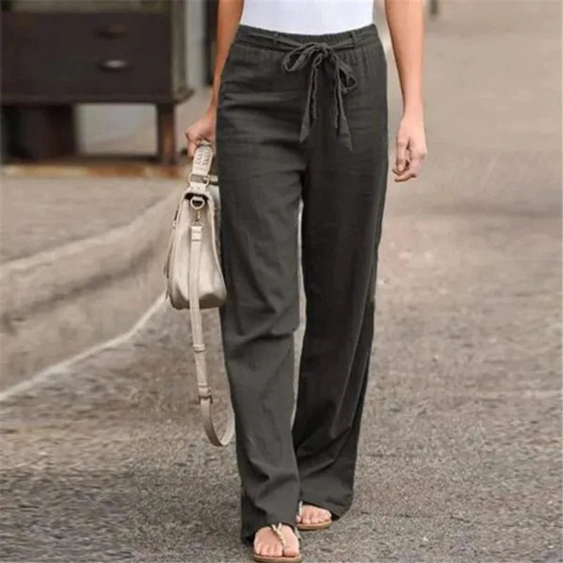  Pantaloni a gamba a larga donna - miscela di lino di cotone - vita alta - fronte pieghettata - cravatta in vita-5