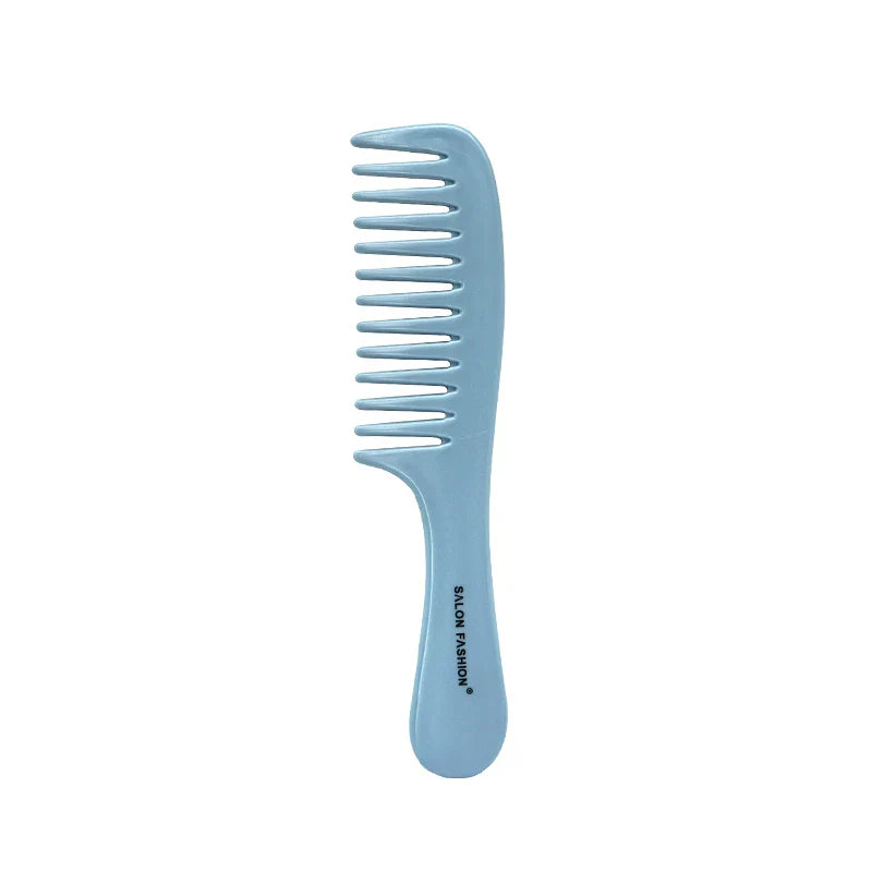 Pettine a denti larghi blu in plastica, ideale per capelli ricci o mossi. Design ergonomico, marchio "Salon Fashion". Accessorio per styling capelli.