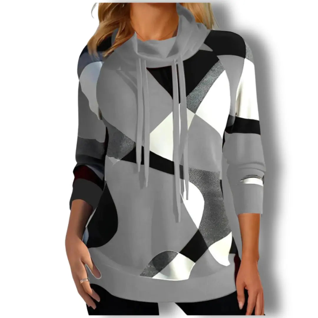 Maglione donna a collo alto, design geometrico grigio, nero e bianco, maniche lunghe, moda autunno inverno, casual elegante.