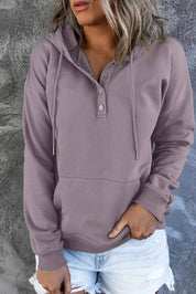 Felpa con cappuccio da donna, colore lavanda, bottoni frontali, tasca a marsupio, maniche lunghe, stile casual, perfetta per l'autunno e l'inverno.