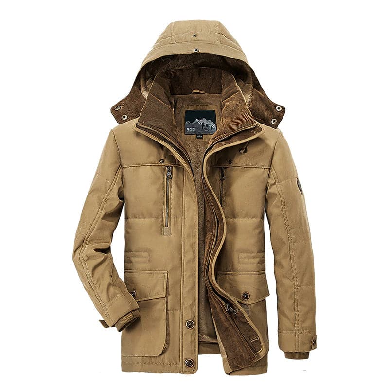 Giacca invernale da uomo beige con cappuccio, tasche multiple e chiusura a zip. Design casual, ideale per climi freddi. Tessuto resistente e caldo.