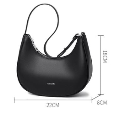 Borsa a tracolla nera in pelle, design a mezzaluna, dimensioni 22x18x8 cm, elegante e moderna, ideale per moda femminile e accessori di tendenza.