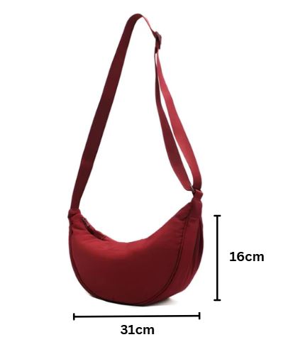 Borsa a tracolla rossa in tessuto, dimensioni 31x16 cm, design moderno e minimalista, ideale per uso quotidiano e casual.