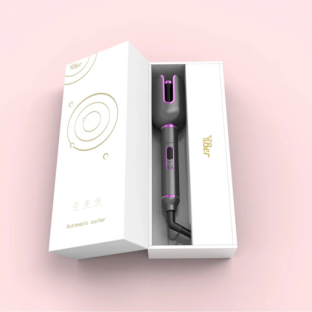 Arricciacapelli automatico nero e rosa in confezione elegante, design moderno, ideale per styling capelli, accessorio bellezza essenziale.