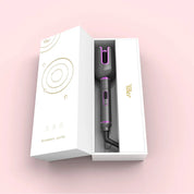 Arricciacapelli automatico nero e rosa in confezione elegante, design moderno, ideale per styling capelli, accessorio bellezza essenziale.