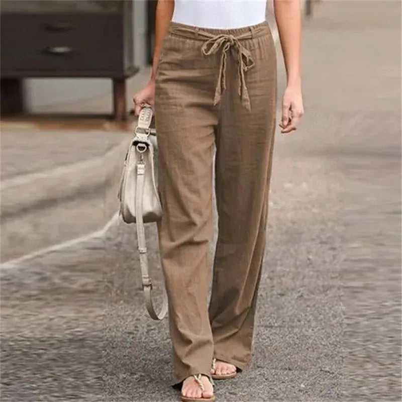  Pantaloni a gamba a larga donna - miscela di lino di cotone - vita alta - fronte pieghettata - cravatta in vita-1
